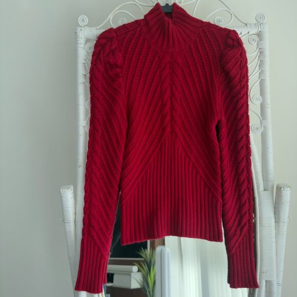White House Black Market Sweater Medium Red Cable Knit Puff Sleeve Turtleneck - Picture 10 of 14